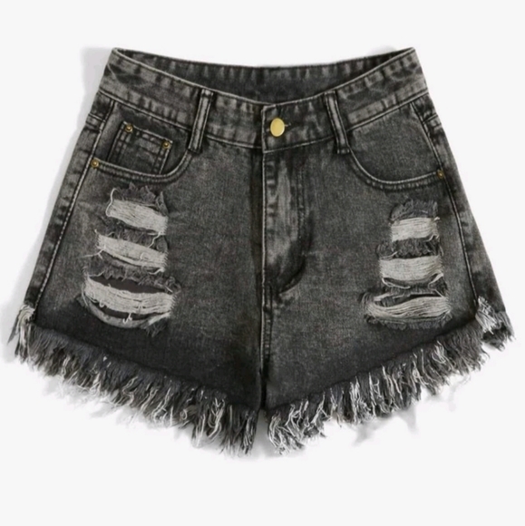 Women's black distressed shorts - Picture 1 of 5